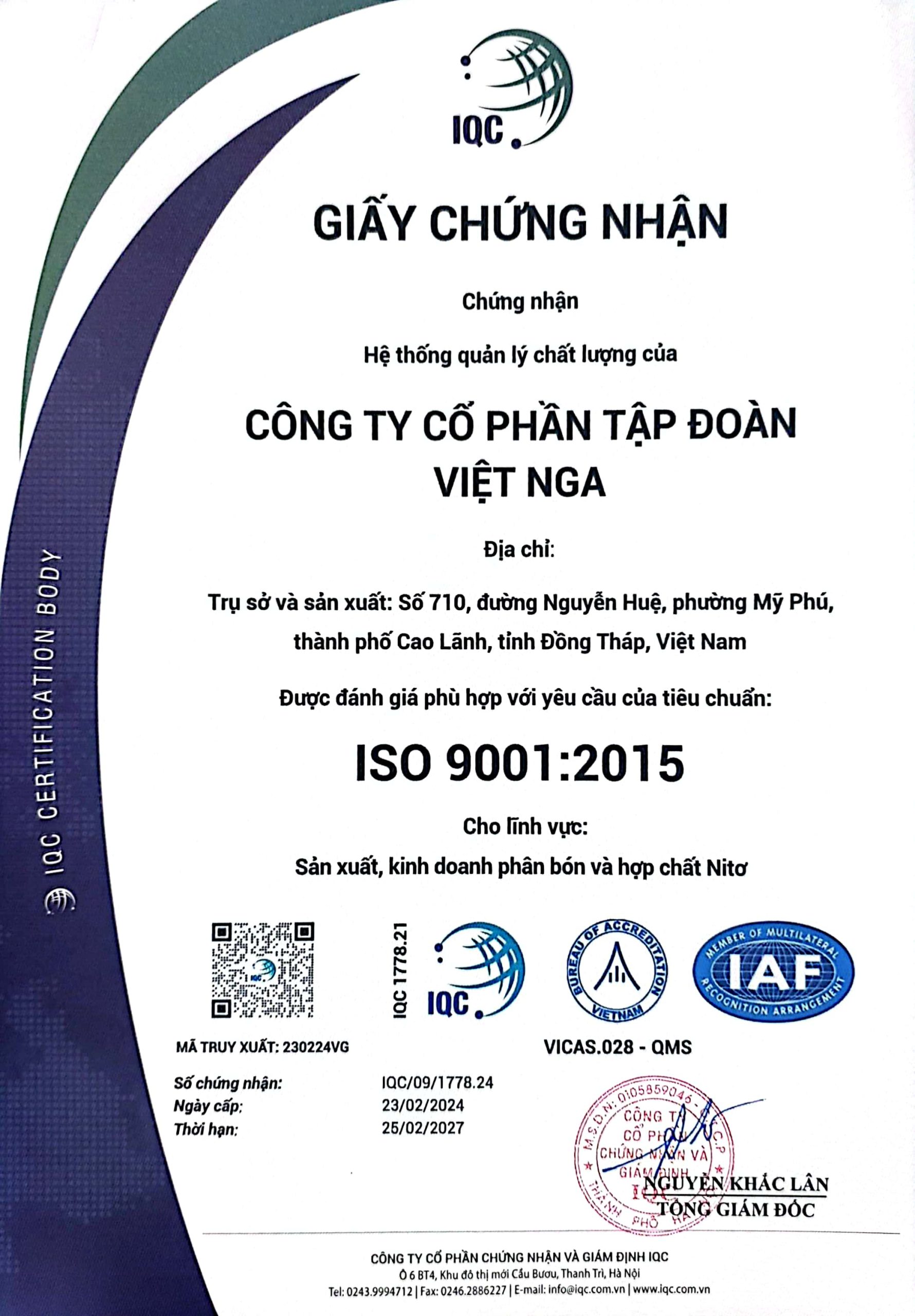 Giấy chứng nhận Hệ thống đạt chuẩn ISO 9001:2015 của Công ty Cổ phần Tập đoàn Việt Nga.