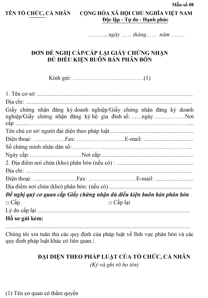 thủ tục điều kiện mở đại lý phân bón