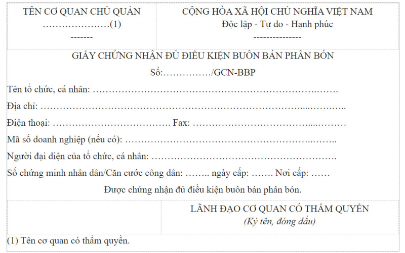 đơn xin mở đại lý phân bón
